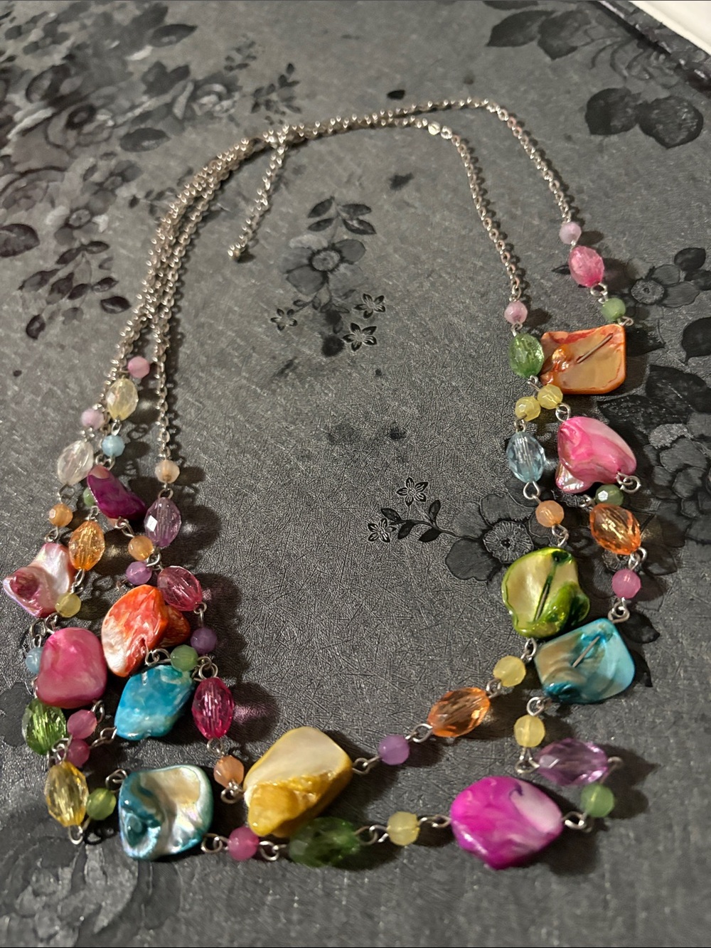 MULTICOLORED SHELL SILVER-TONE CRYSTAL BEADED THREE-STRANDED 19 - 23" NECKLACE